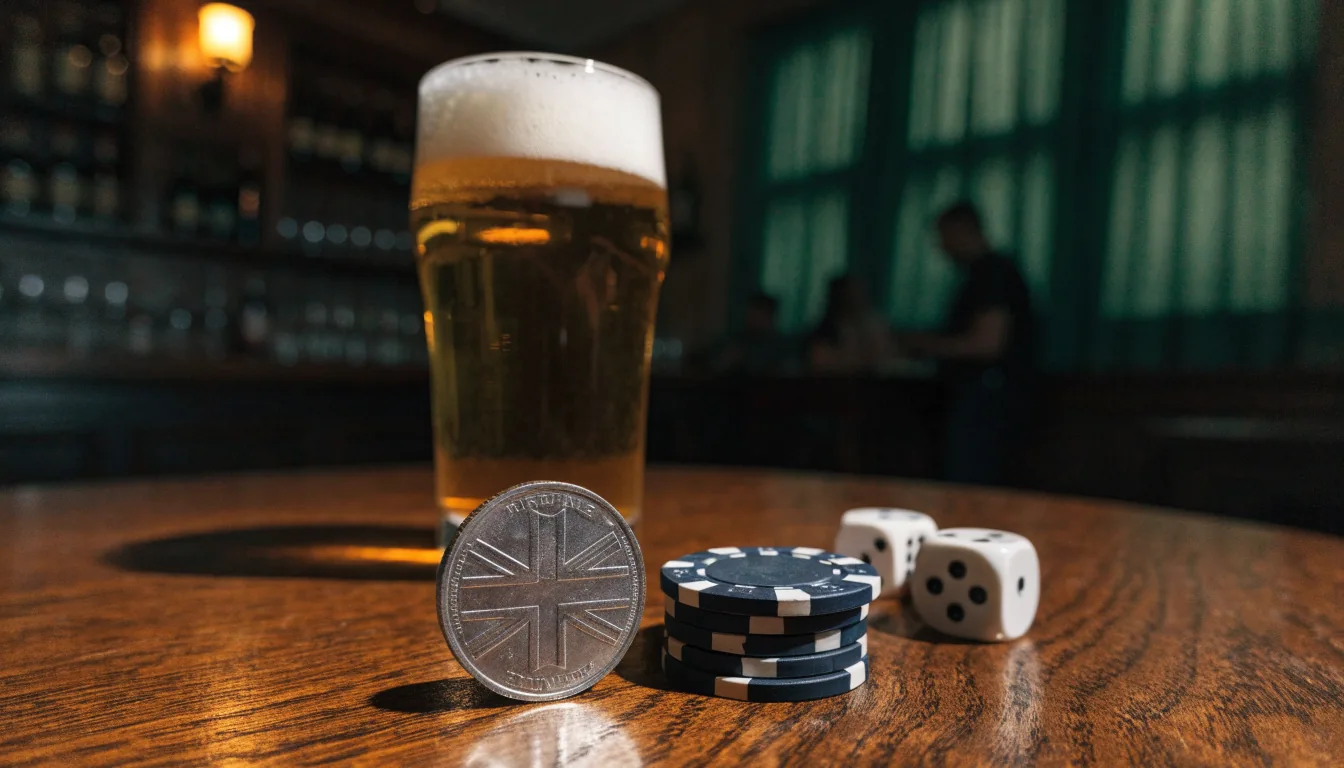 A single pound coin beside poker chips on a British pub table