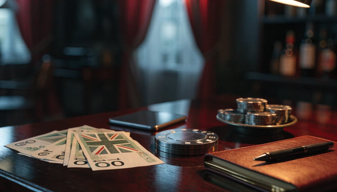British ten pound notes, casino chips, and a closed notebook on a dark wooden desk.