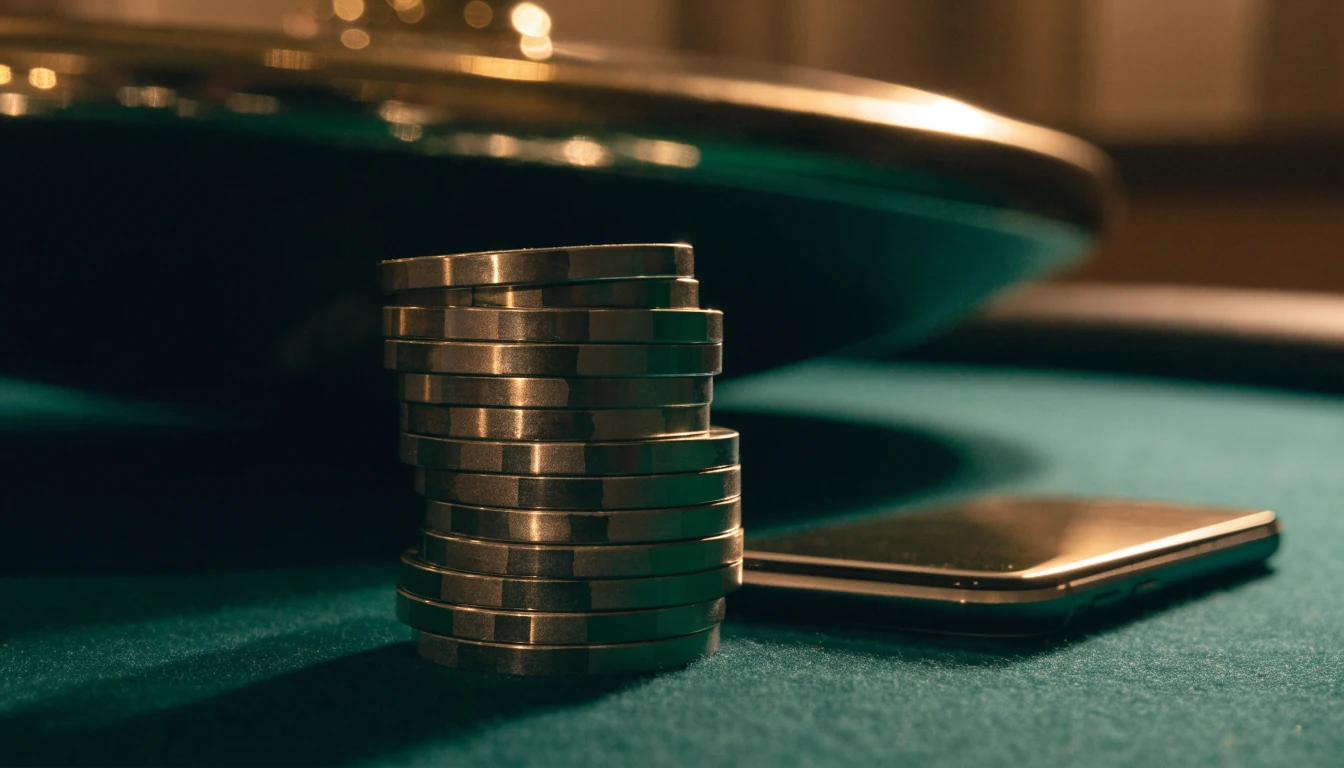 Stacked casino chips on green felt with a blurred roulette wheel behind.