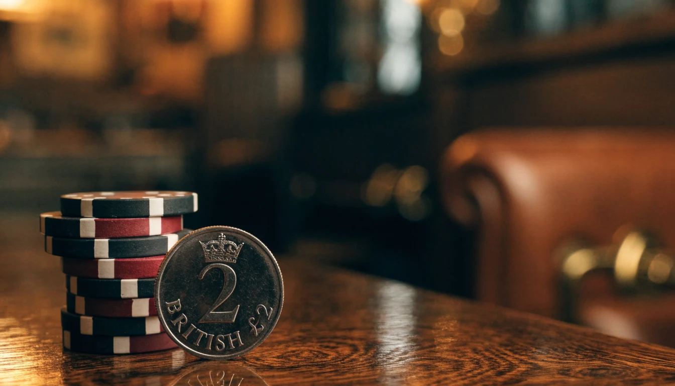British two-pound coin next to casino chips on a wooden table in a UK betting lounge