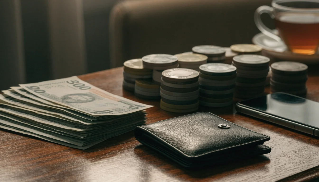 British twenty-pound notes, poker chips, and a face-down smartphone on a wooden desk.
