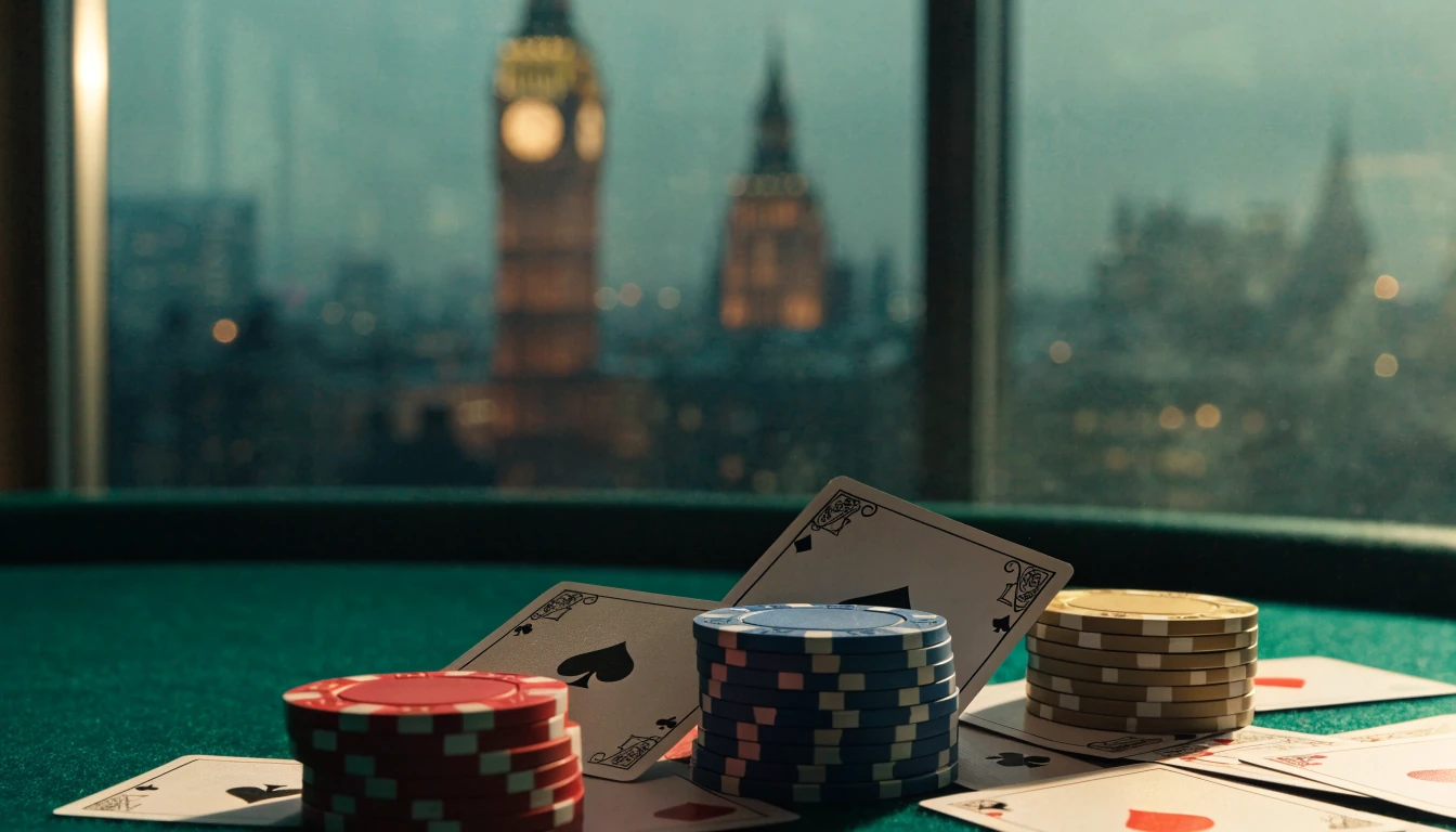 Casino chips and playing cards on green felt table with London skyline in background