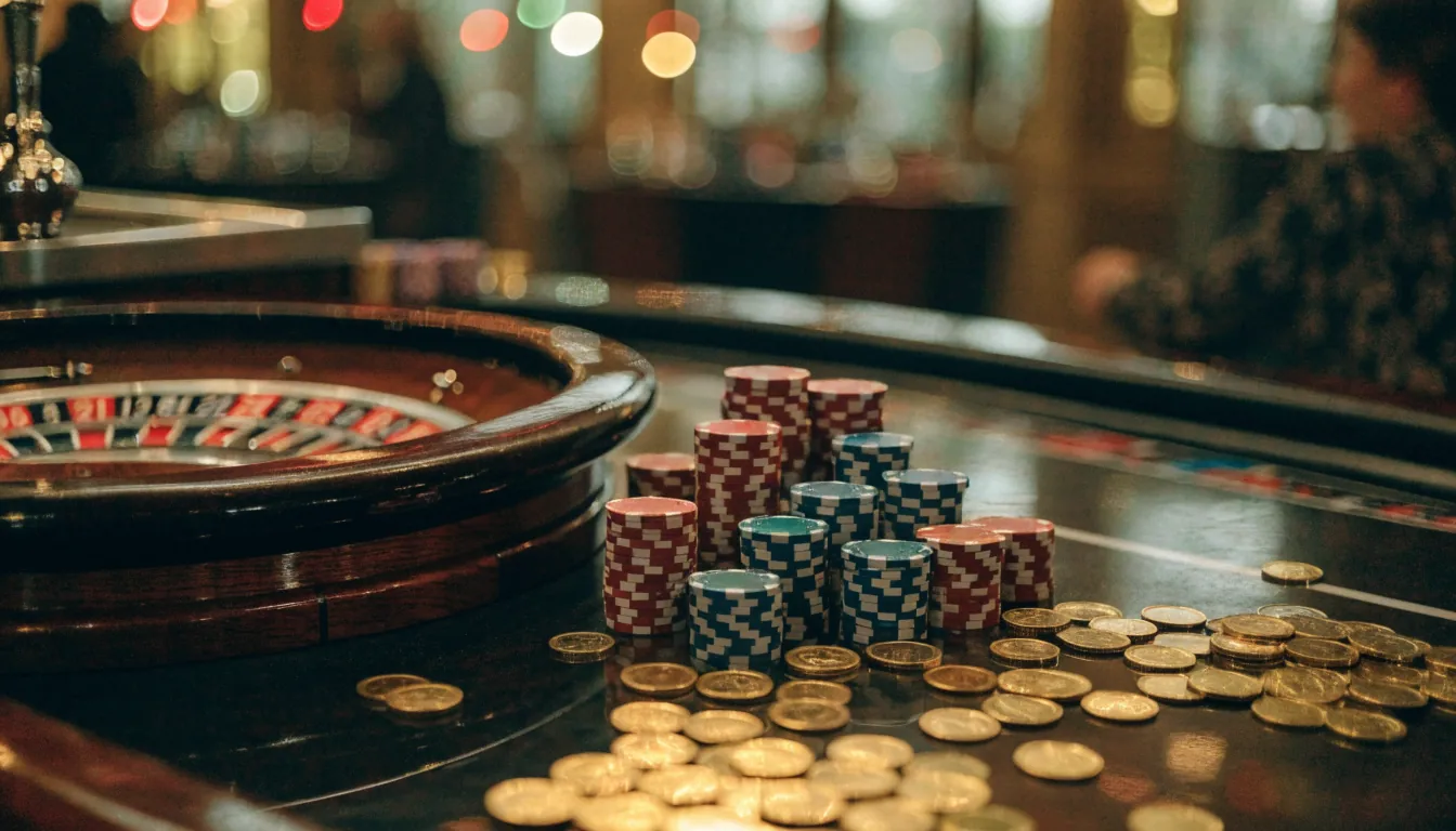 Casino table with roulette wheel, colorful chips, and golden coins in warm lighting.