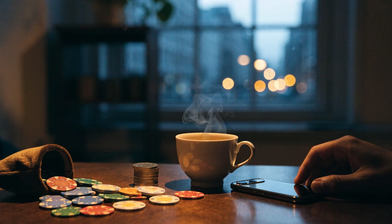 Phone face-down on a table with tea, British pound coins, and casino chips spilling from a velvet pouch.