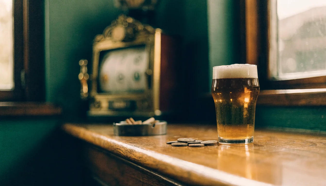 Classic British pub bar with a vintage slot machine and a glass of ale
