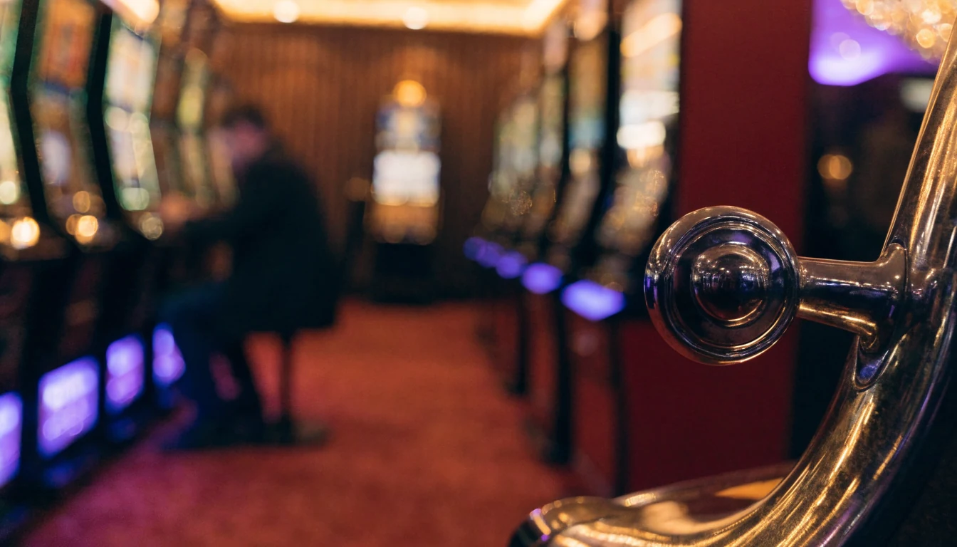 Atmospheric interior of a UK betting shop with rows of slot machines and warm lighting