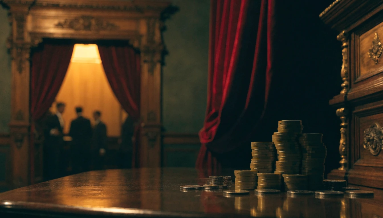 Dim British club room with stacked golden chips and an ornate glowing doorway