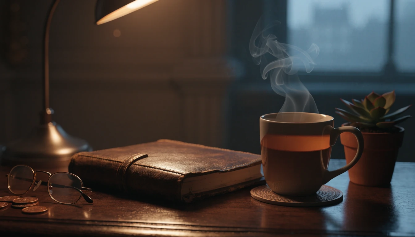 Moody still life of a closed notebook, tea, and British pennies on a wooden desk