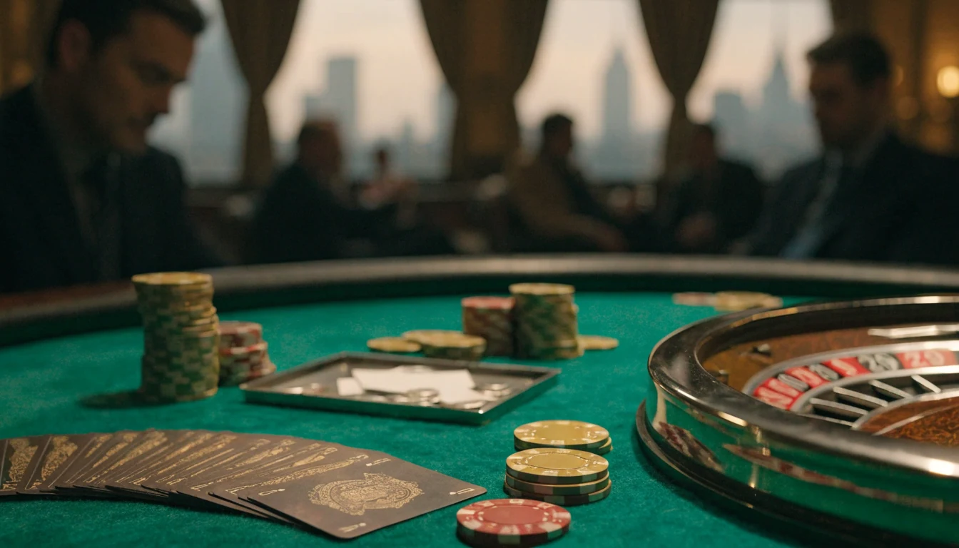 Elegant casino table with chips, cards, and roulette wheel in a luxurious UK gaming lounge
