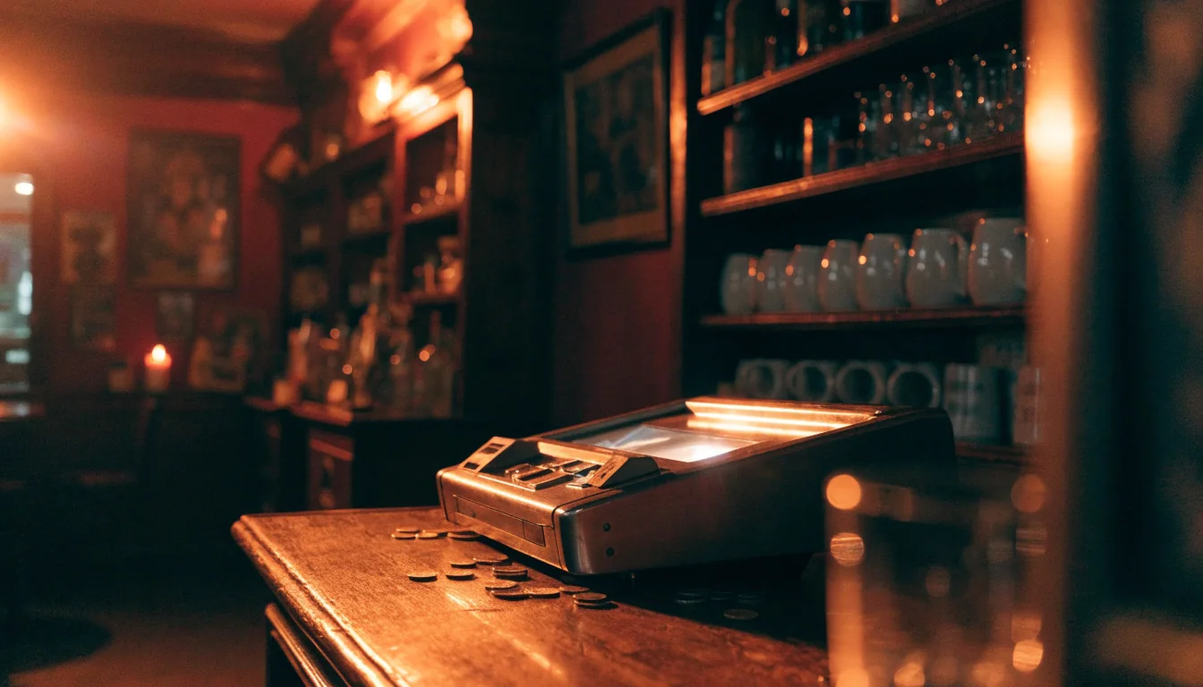 Glowing slot machine on a wooden pub counter in a traditional British pub at night