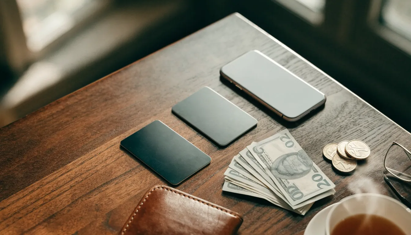 Overhead view of UK payment methods — cards, smartphone, pound notes and coins arranged on a wooden desk with a cup of tea.