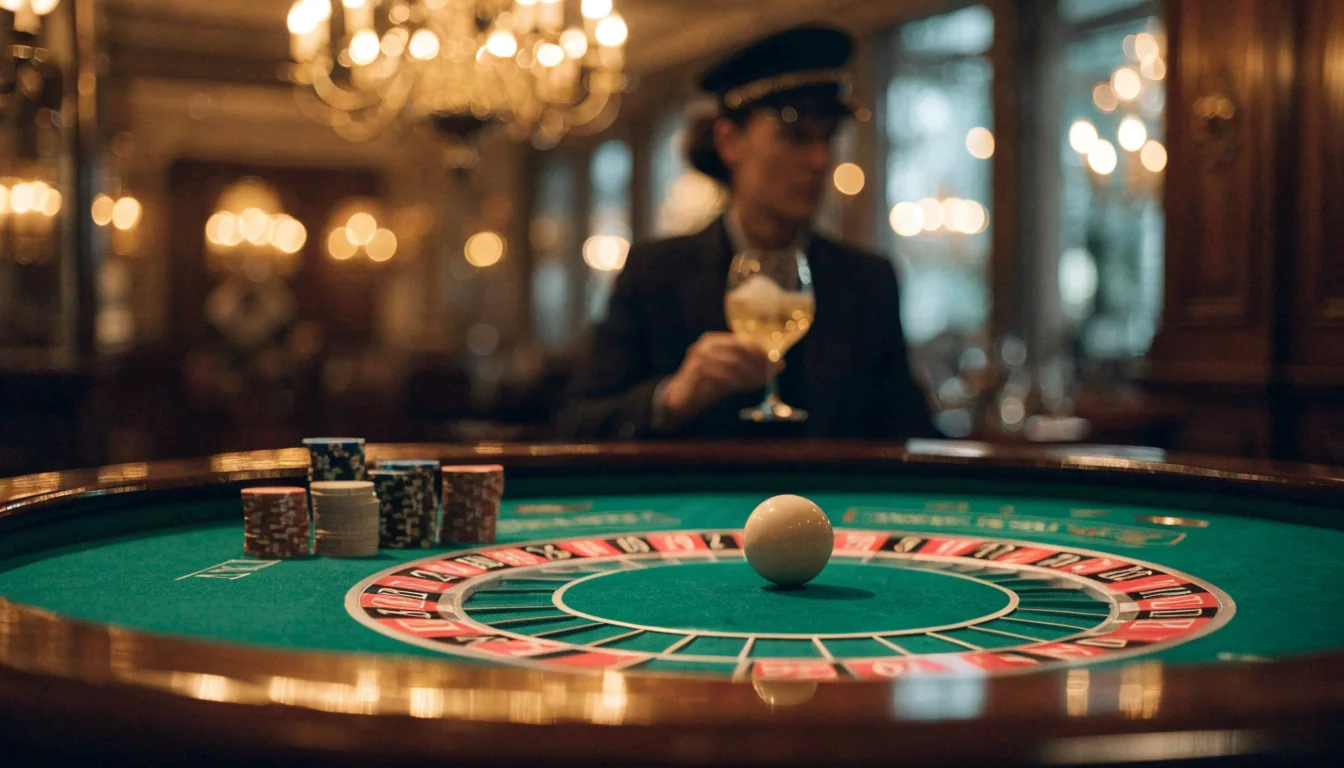Elegant London casino lounge with roulette table, stacked chips, and chandelier lighting