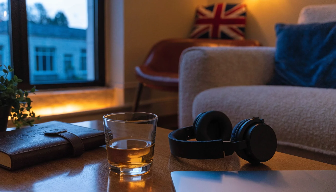 British home lounge scene with closed laptop, whisky, and headphones suggesting online casino entertainment