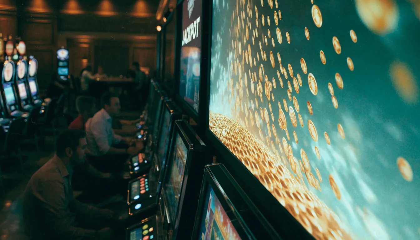 Glowing slot machines in a moody casino with a rising jackpot counter