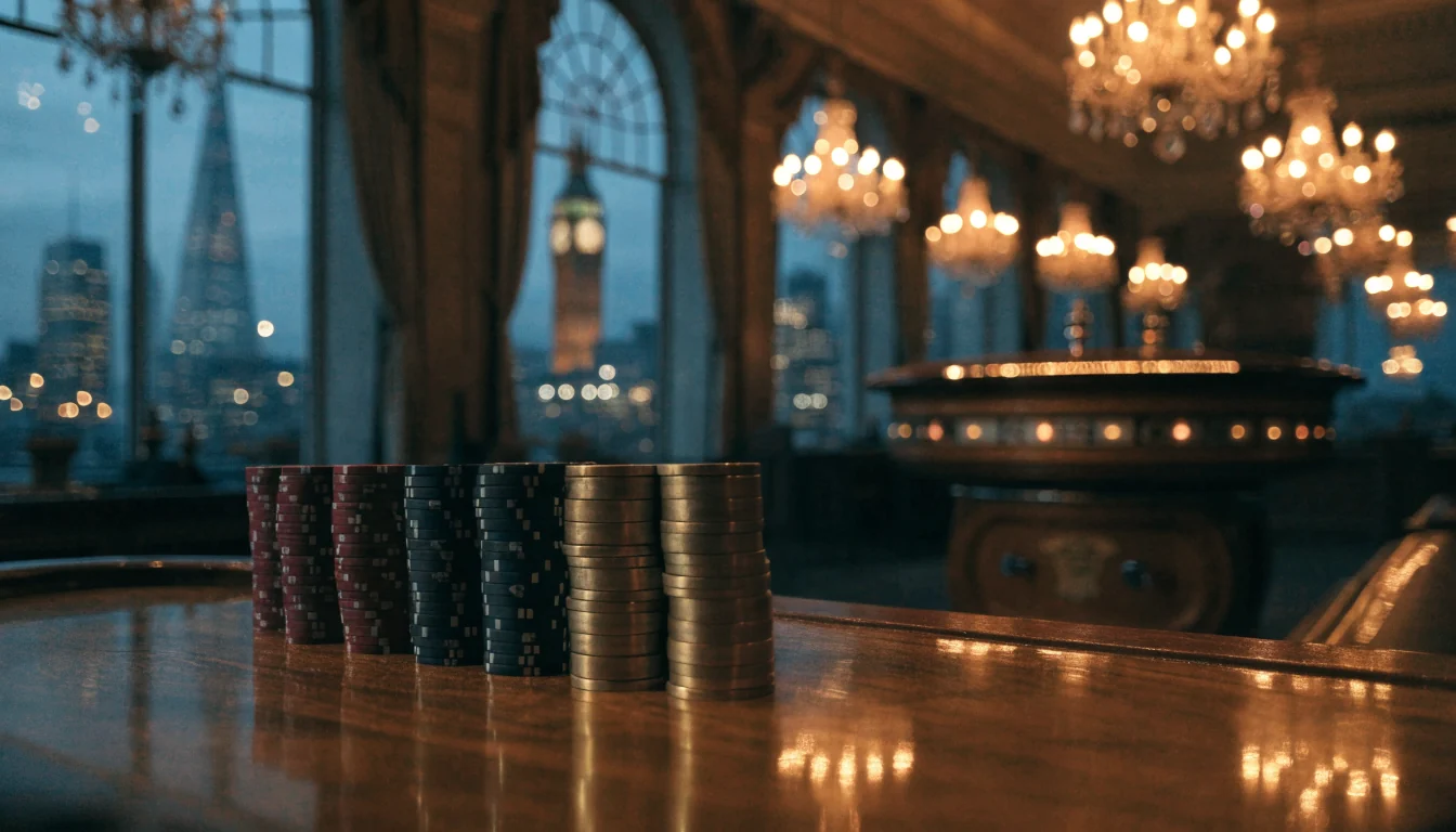 Upmarket London casino interior with chip stacks, roulette wheel, and illuminated skyline through arched windows.