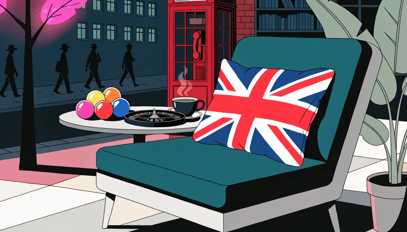 British-themed illustration of a casino lounge with bingo balls and roulette