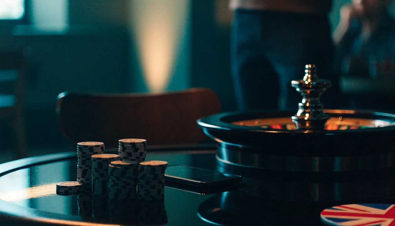Stylized UK online casino scene with chips, roulette wheel, and face-down smartphone
