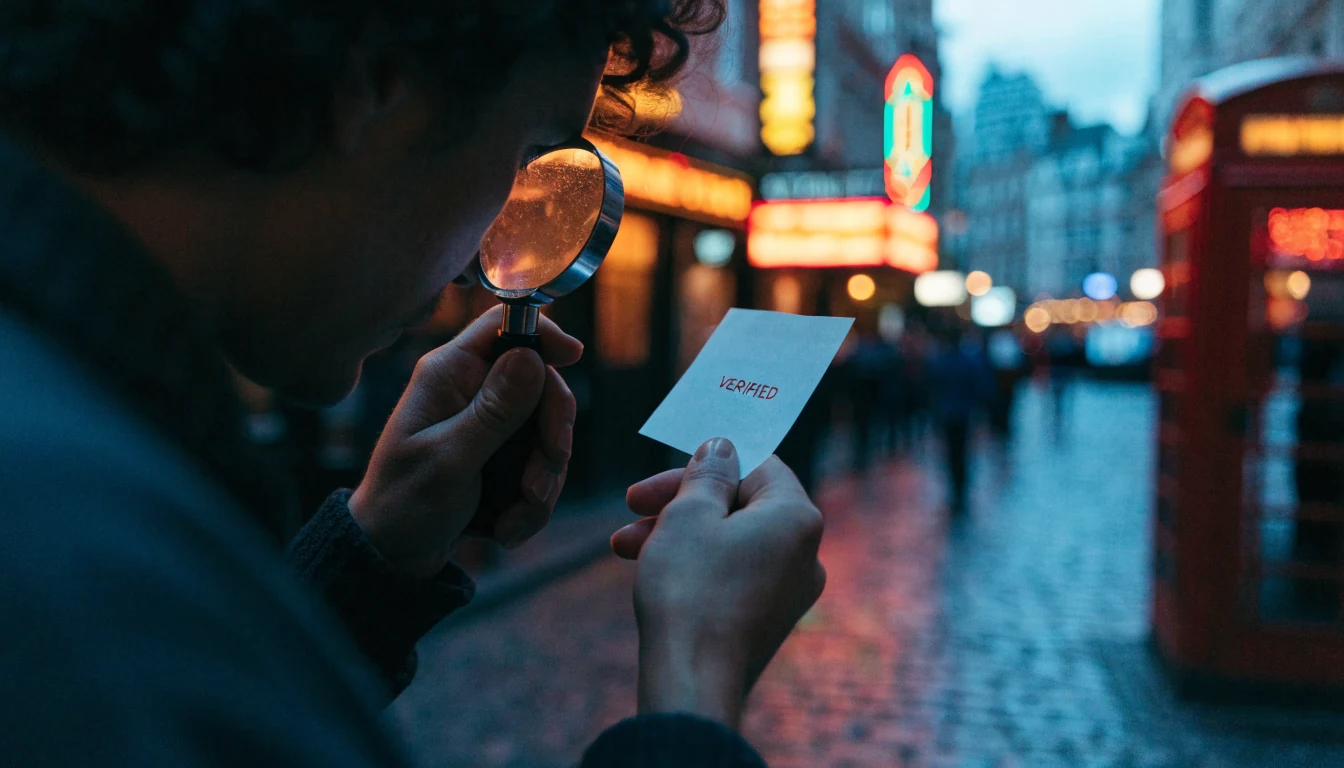 Person examining a verified card with a magnifying glass on a London casino street at dusk