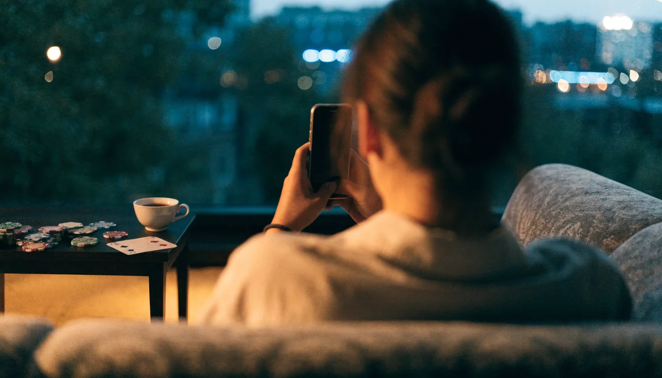 Person on sofa in London apartment, casino chips and cards on side table at dusk