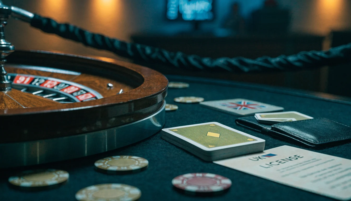 Casino chips, roulette wheel and playing cards on a felt table beside a UK passport