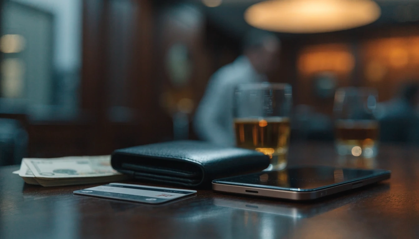 Smartphone, wallet, banknotes on a casino lounge table suggesting e-wallet payments.