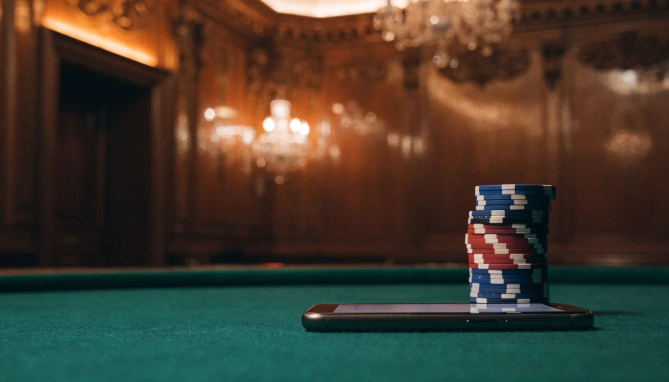 Smartphone on a green casino felt table next to stacked chips in a luxurious British gaming room