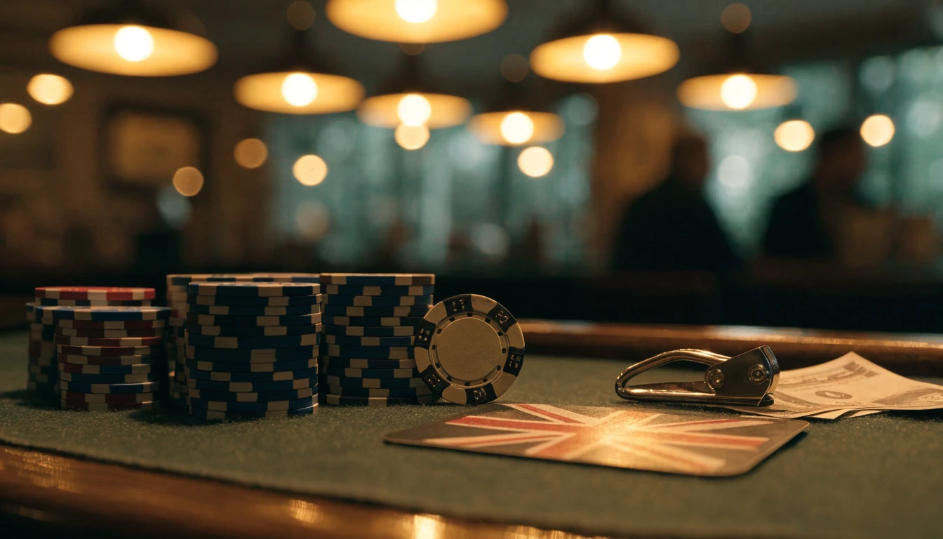 Casino cashier counter with chips and payment voucher in a British setting