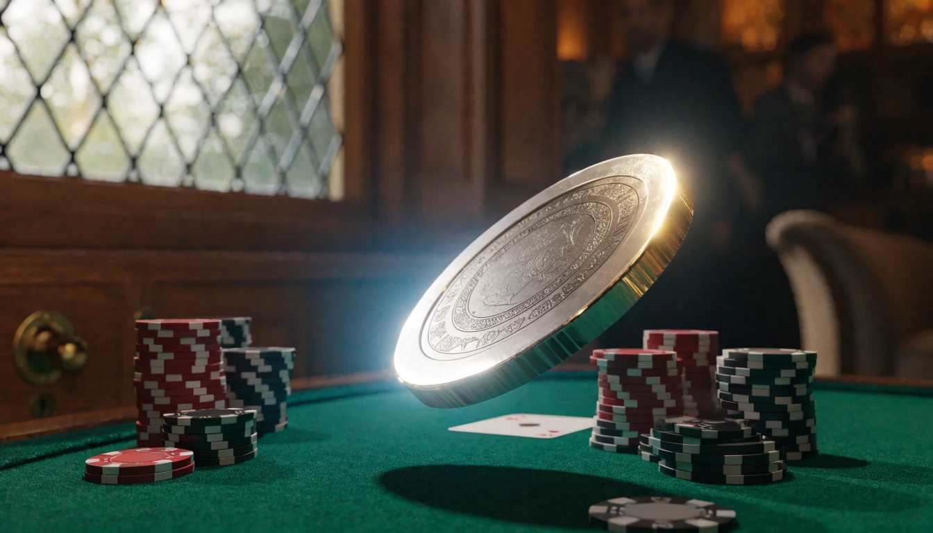 Glowing USDC coin floating above casino chips and cards on a green felt table