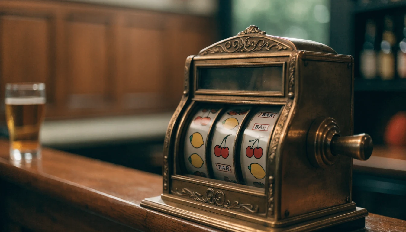 Vintage fruit slot machine on a British pub counter