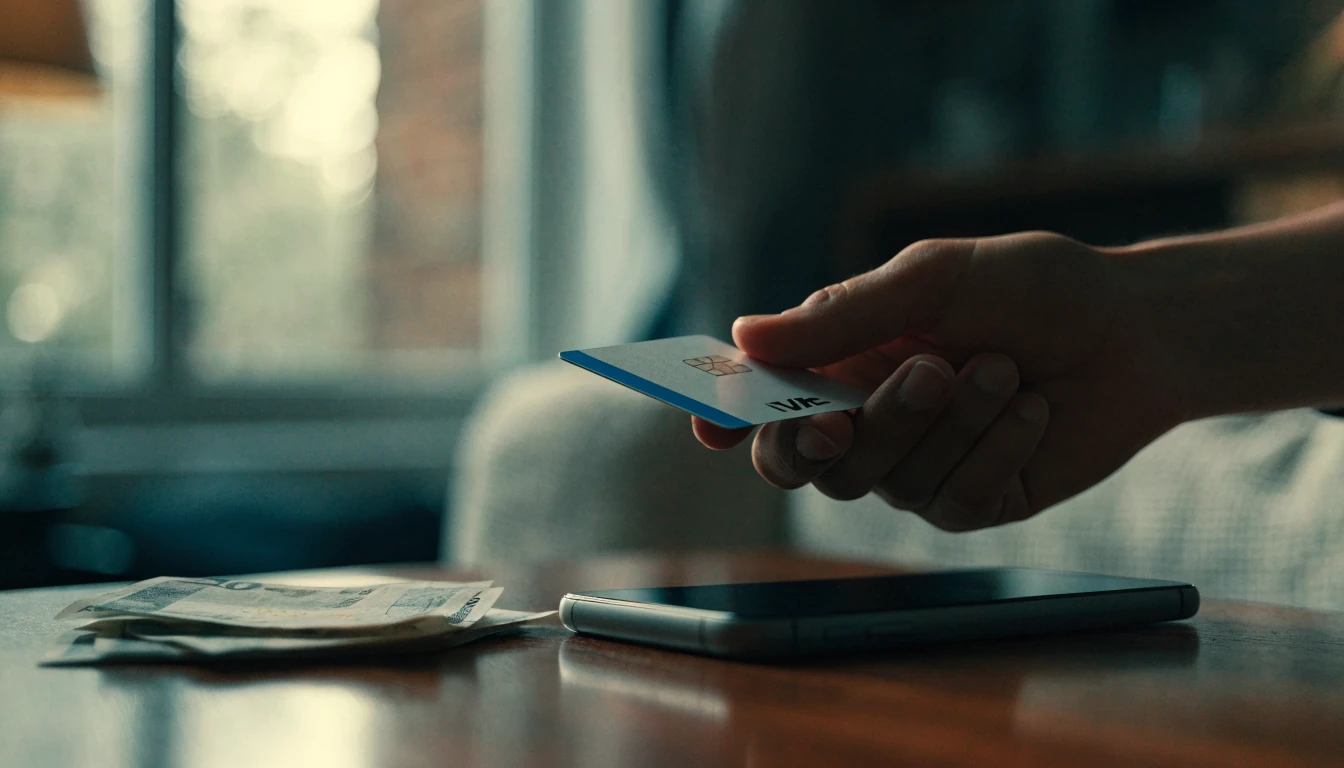 Hand holding a UK debit card near a smartphone with pound notes on a table.