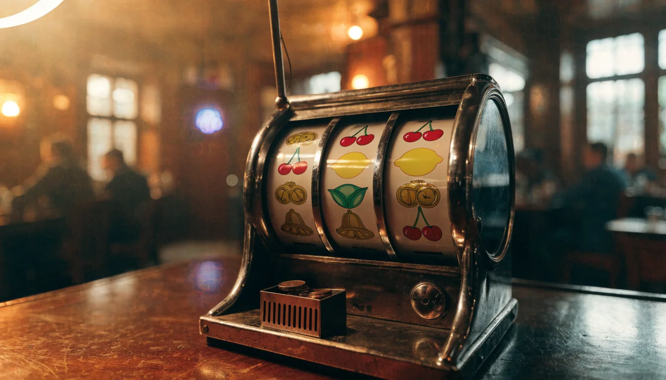 Classic British pub fruit machine with fruit symbols on wooden bar counter