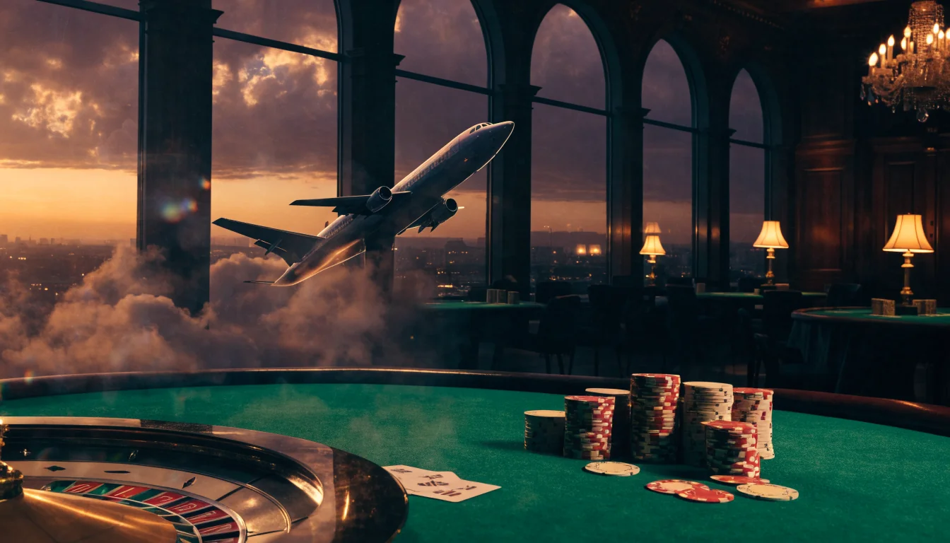 A jet ascends through dramatic clouds above a luxurious London casino table with chips, cards, and roulette wheel.