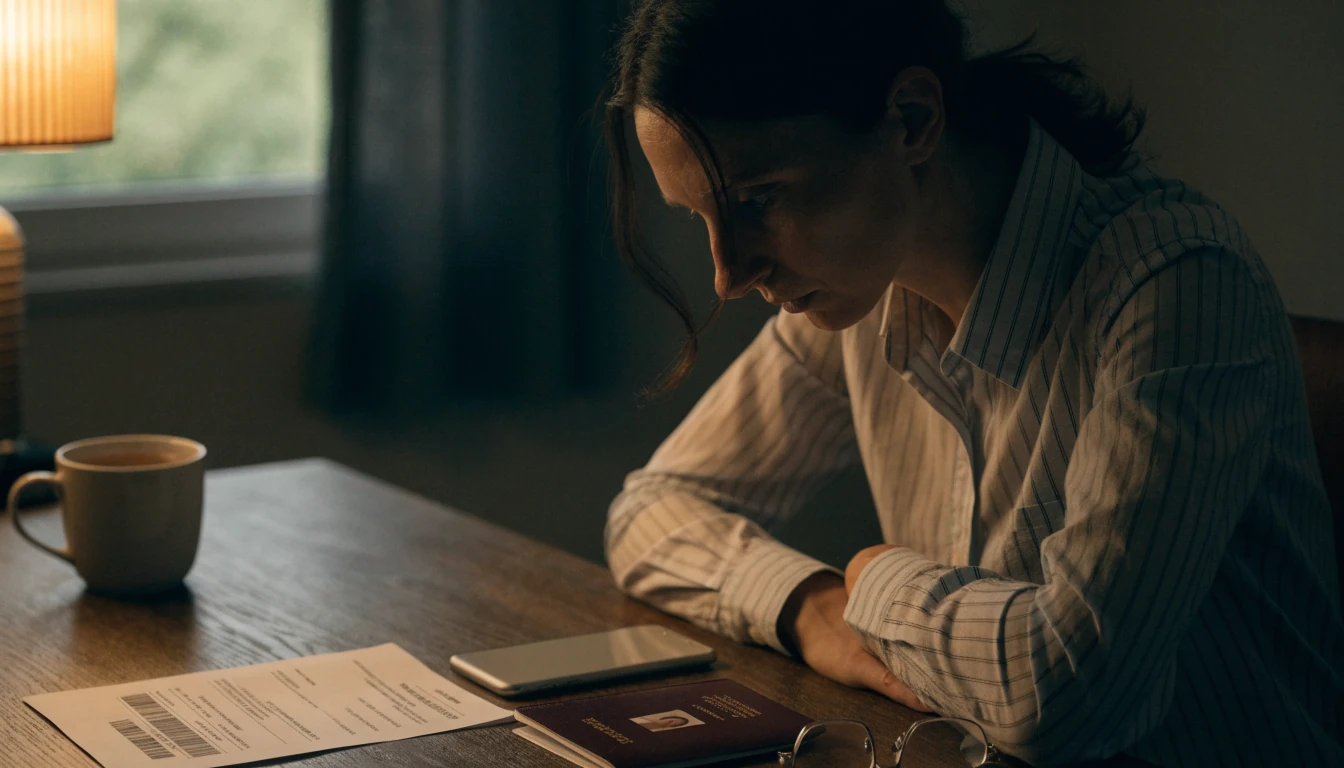 British person at desk with face-down phone and ID documents nearby