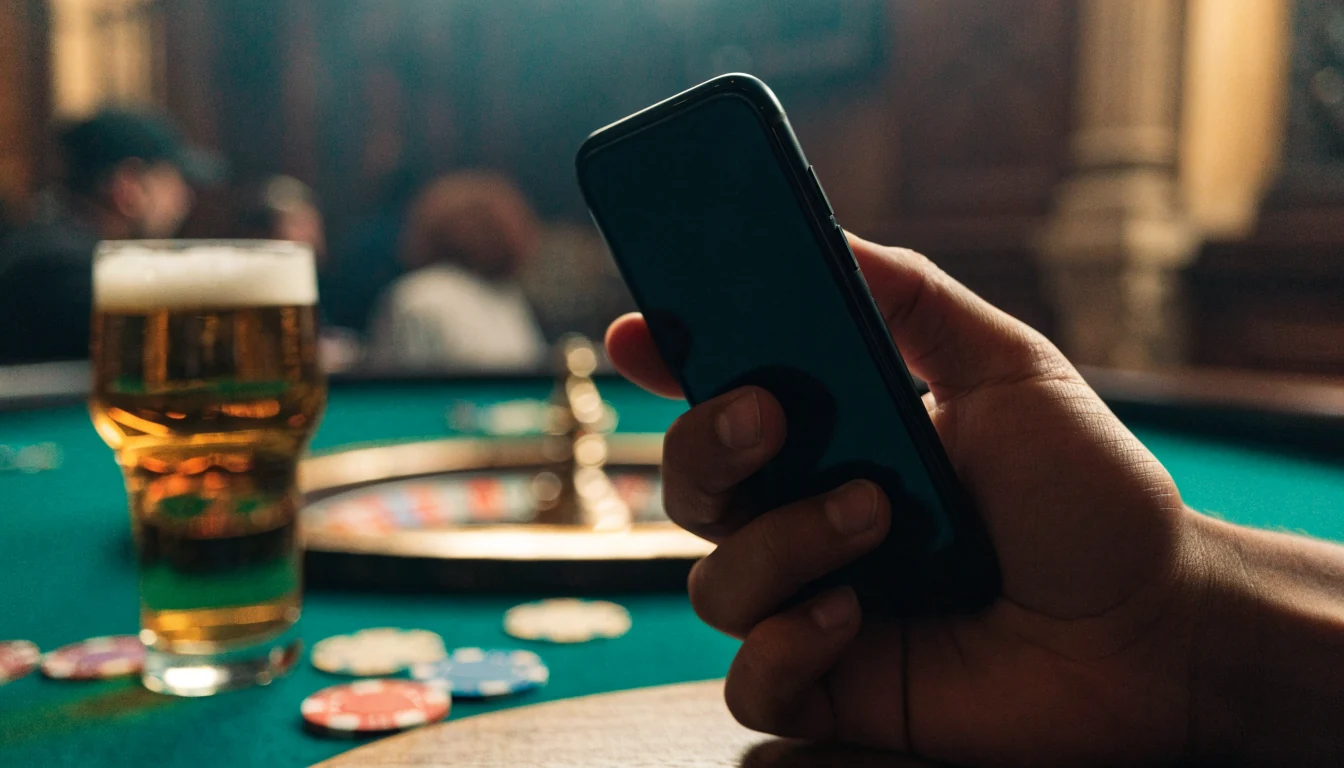 Hand holding smartphone near roulette wheel at London pub