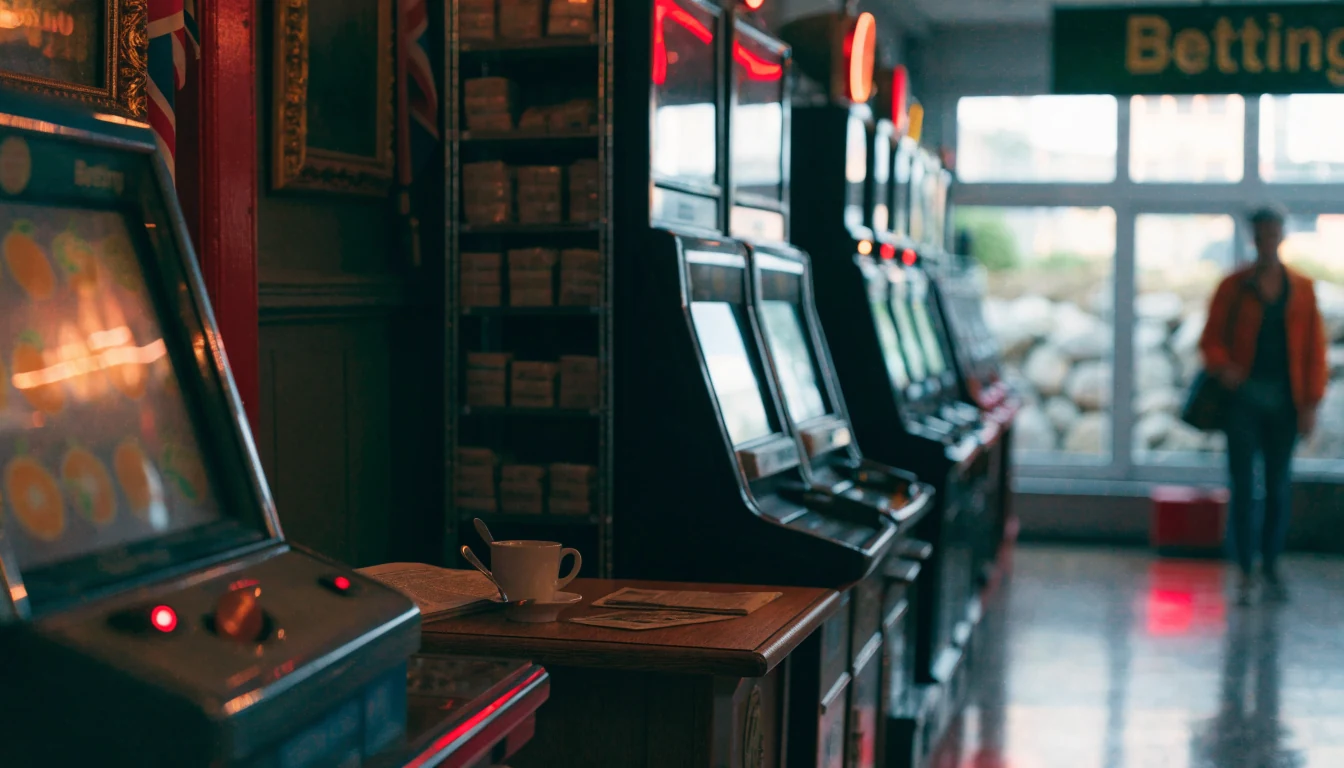 Row of slot machines in a British arcade with a penny coin on one tray.