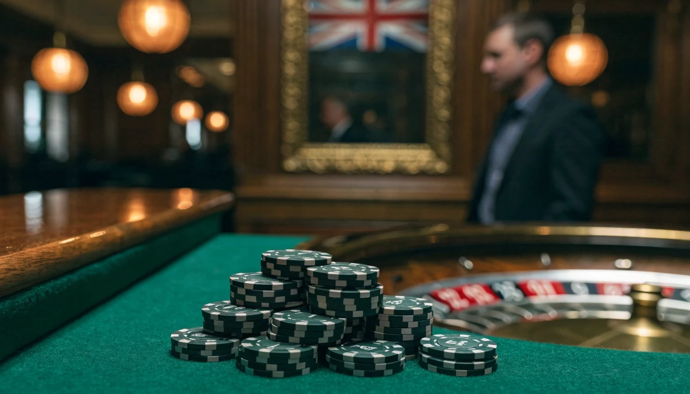 Dimly lit UK casino bar with roulette wheel, casino chips, and warm amber lighting