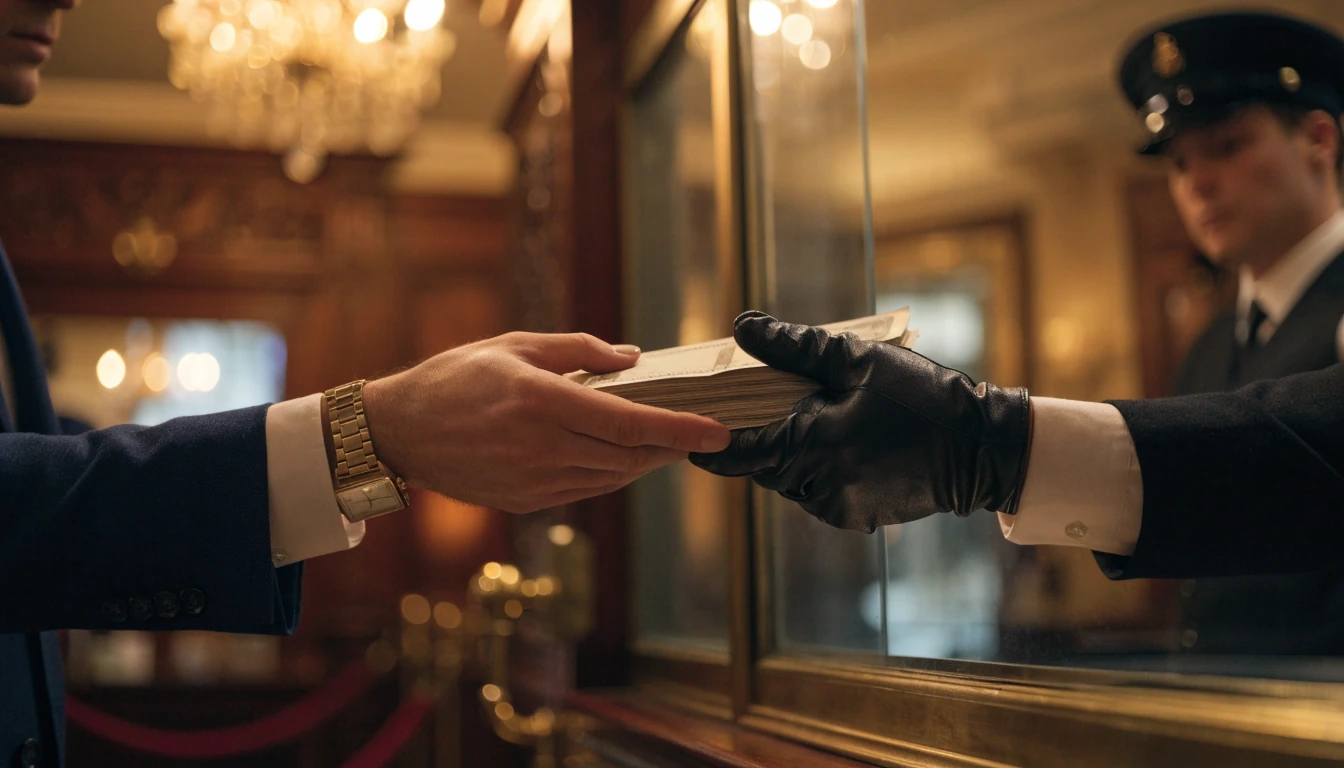 British man receiving pound banknotes at an elegant London casino cashier desk.