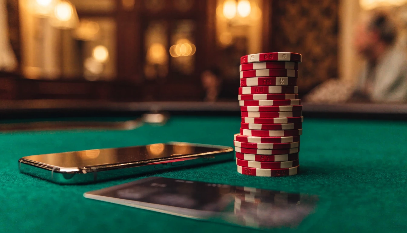 Casino chips, a bank card, and a face-down smartphone on a green roulette table in an elegant UK casino.