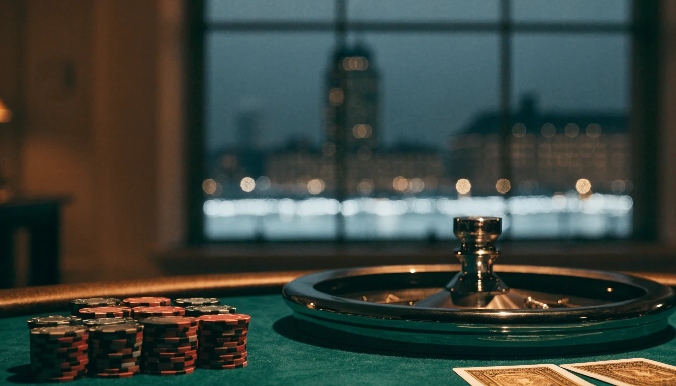 Elegant casino table with chips, roulette wheel, and London skyline at night