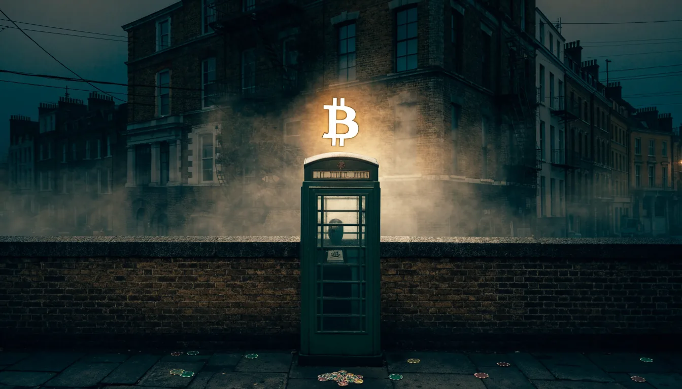 Foggy London night with a Bitcoin symbol above a red telephone booth and casino chips on the pavement