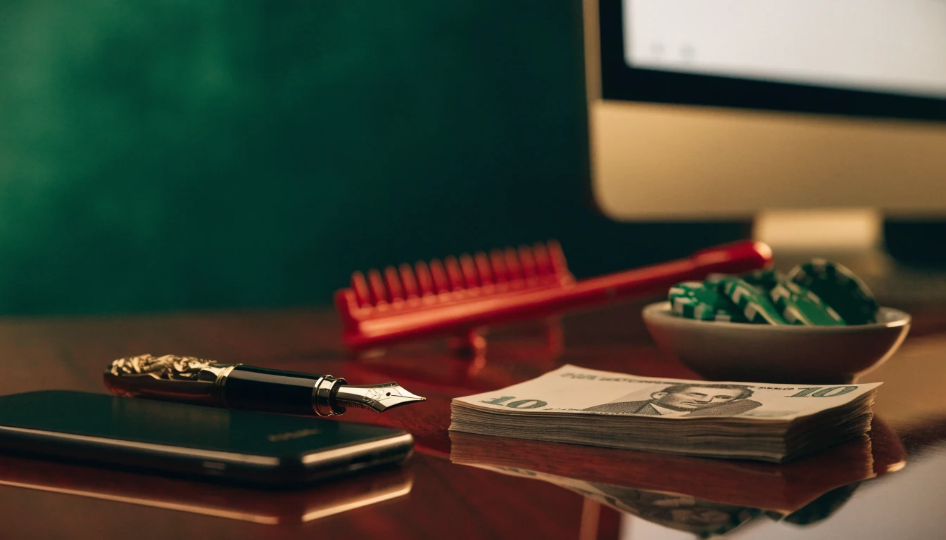Casino chips, face-down smartphone and British pounds on a dark desk